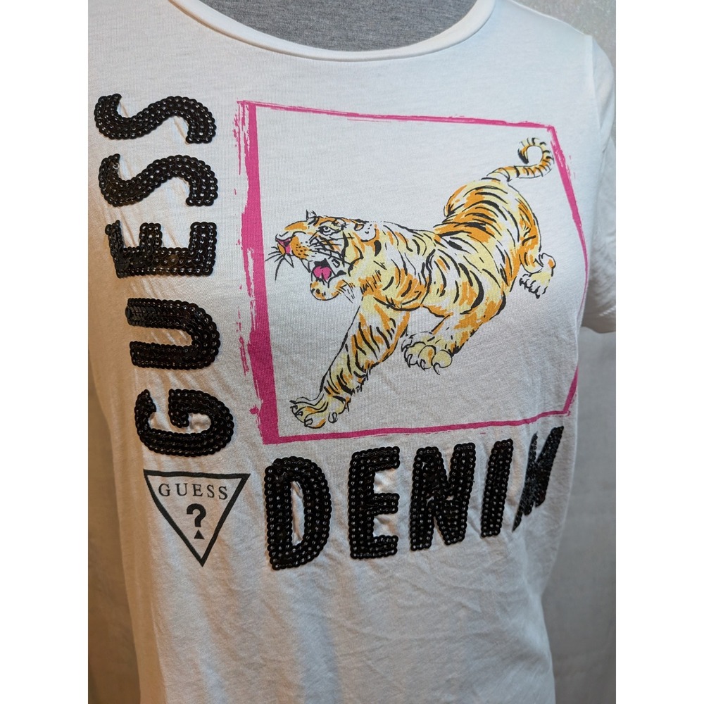 GUESS Denim L Tiger White Large Logo Graphic T-Shirt Animal Print Sequins Casual - Picture 2 of 7